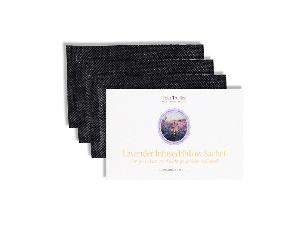 Set of lavender-infused pillow sachets with a branded card on a white background